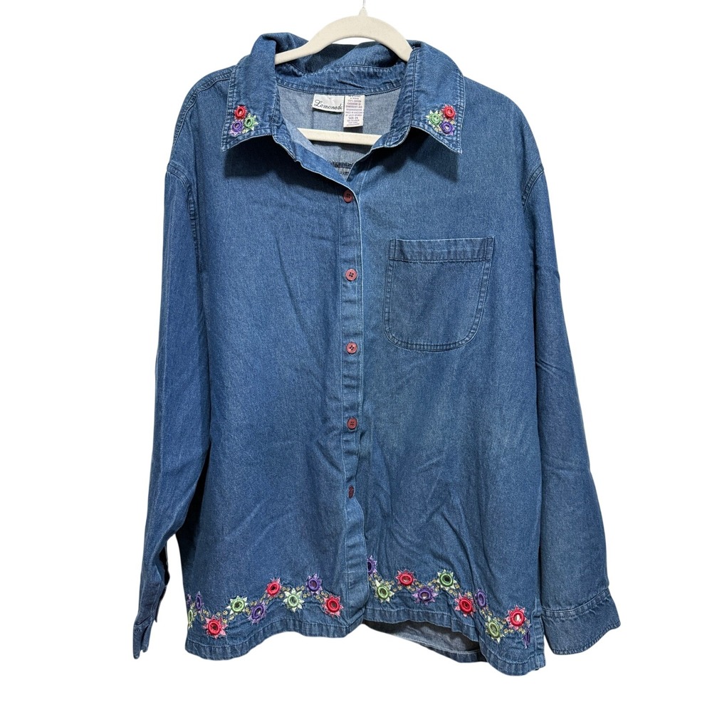 Lemonade Denim Shirt Women's 2X Blue Floral Embroidered Button Down Top